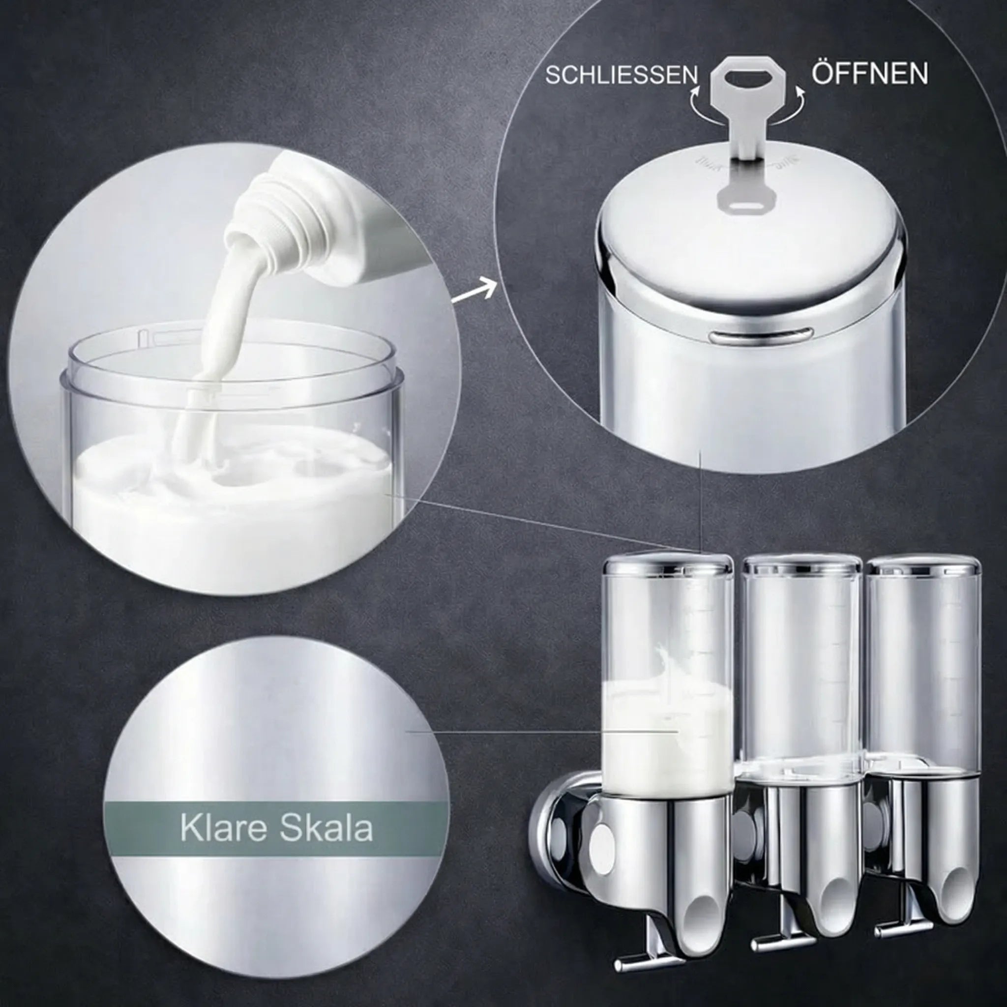 Dispenser per sapone a parete | Set dispenser per detersivo | Nero, Argento e Trasparente | SeifenFlow