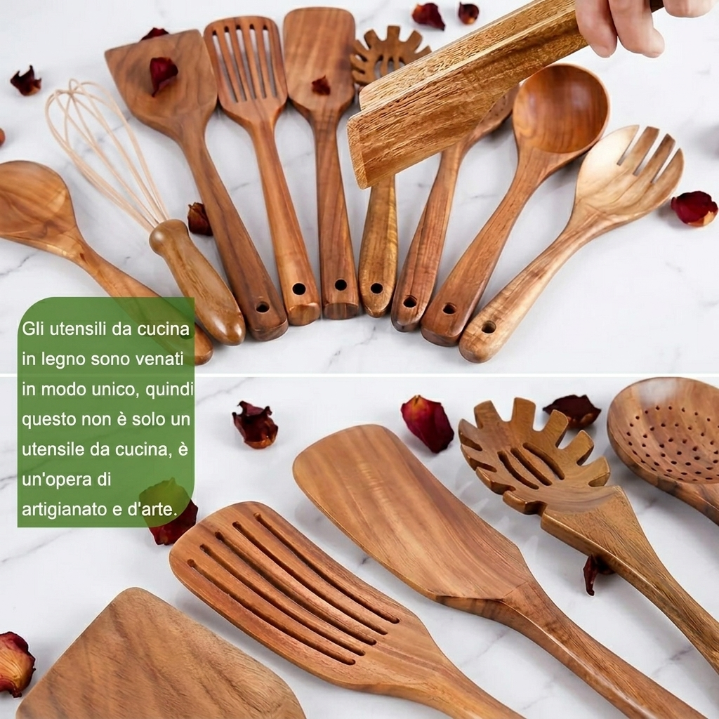 Set Utensili Cucina in Legno 11 Pezzi con Porta Utensili