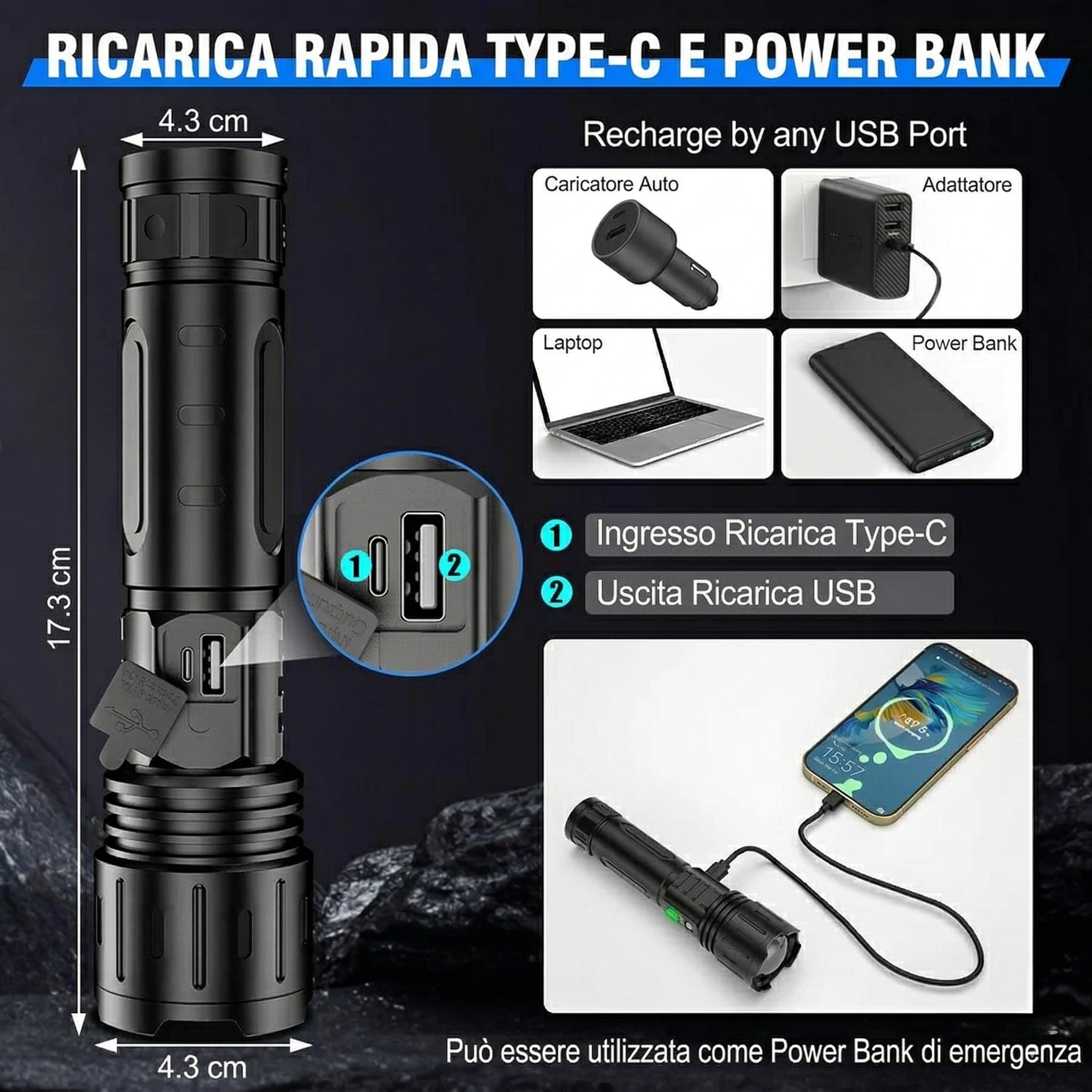 Torcia LED Ultra Potente a Lunga Distanza Ricaricabile Tattica
