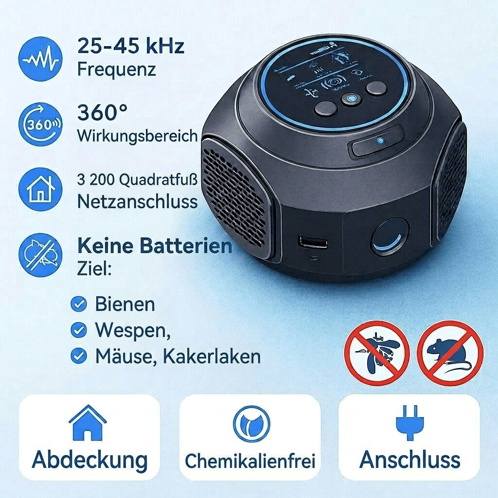 Dispositivo Ultrasuoni per Vespe, Api e Topi | Protezione Antiparassitaria a 360 Gradi per Casa e Terrazza | Schallwacht