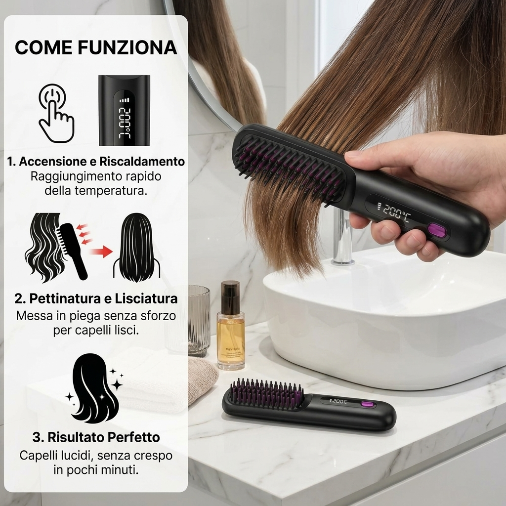 Spazzola Lisciante Capelli Riscaldamento Rapido Temperatura Regolabile