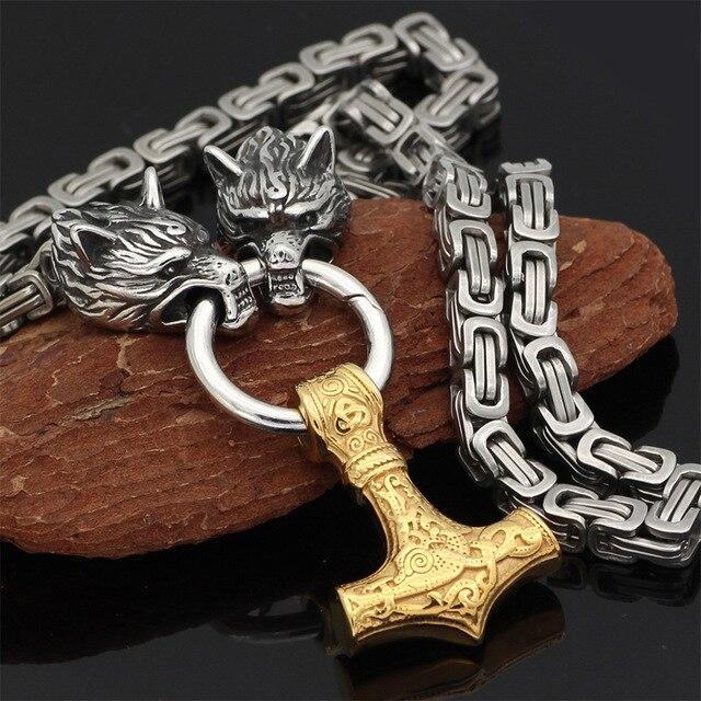 Collana/Bracciale in Acciaio Inossidabile con Doppio Testa di Lupo e Mjolnir da 60–90 cm