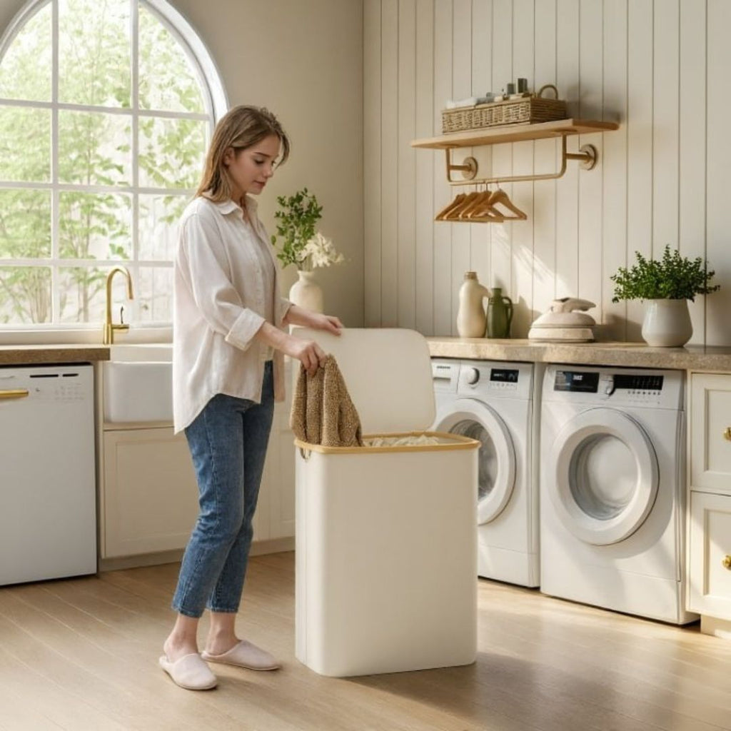 Cesto per la biancheria con coperchio | Raccolta biancheria con 3 scomparti in Nero, Beige e Grigio | CestoBiancheria