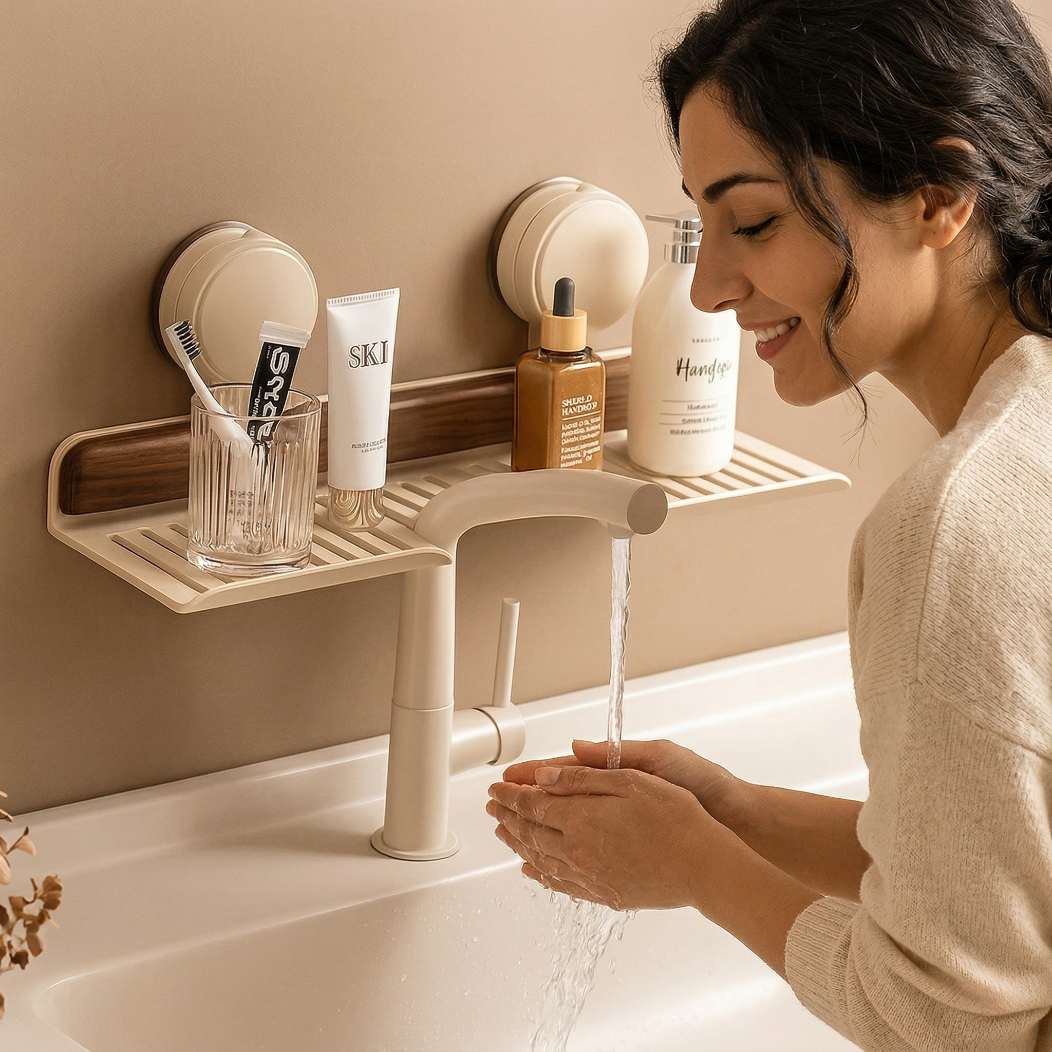 Mensola per Lavabo Bagno con Ventose Design Effetto Noce